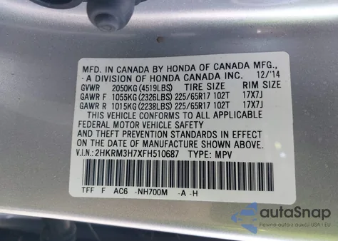 2015 Honda Cr-V Ex-L z USA, uszkodzony, nr VIN 2HKRM3H7XFH510687